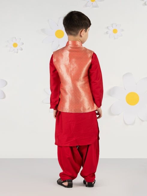 Boy's Red Brocade Nehru Jacket Set With Patiala